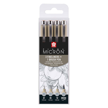 Sakura pigma micron fineliner set, 4 maten, licht koelgrijs