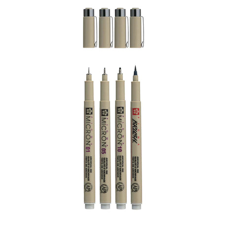 Sakura pigma micron fineliner set, 4 maten, licht koelgrijs
