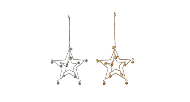Star hanger with bells metal 12.5cm 2 assorted gold silver
