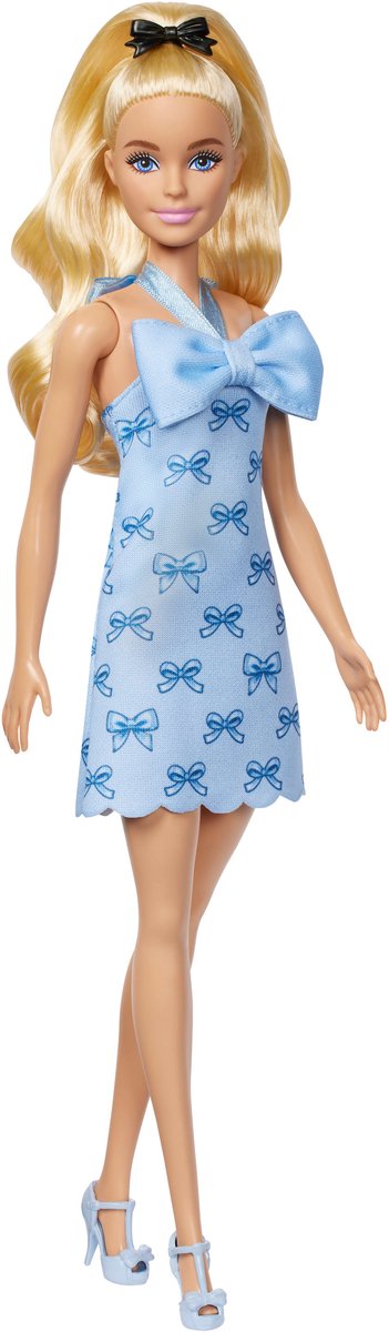 Barbie pop - pop met blond haar en blauw halterjurkje met strik - modepop