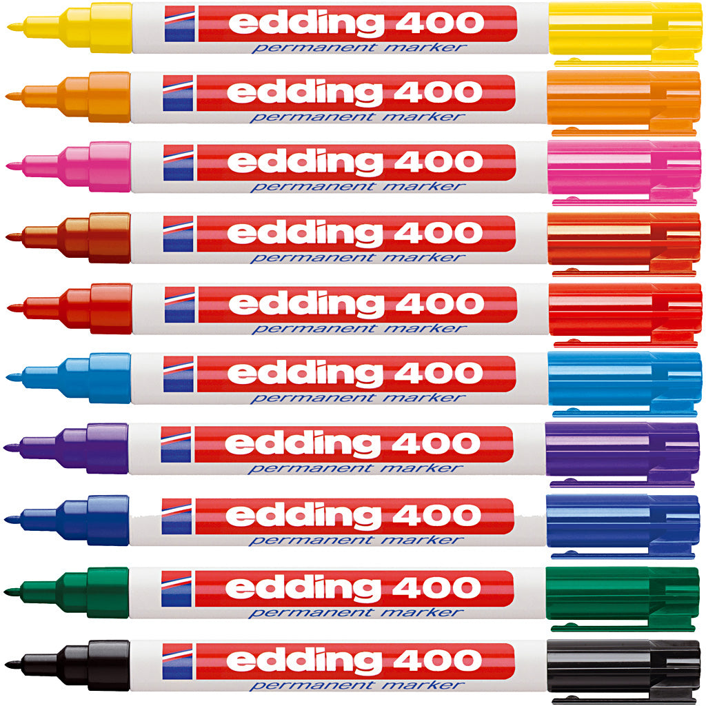 Edding 400 permanent marker - 10 kleuren - 10 stiften - ronde punt 1 mm - watervast, sneldrogend - wrijfvast - voor karton, kunststof, hout, metaal, glas