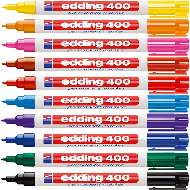 Edding 400 permanent marker - 10 kleuren - 10 stiften - ronde punt 1 mm - watervast, sneldrogend - wrijfvast - voor karton, kunststof, hout, metaal, glas