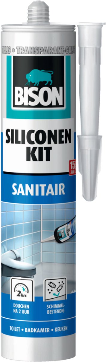 Bison super silicone sanitair transparant grijs koker 300 ml, waterbestendige siliconenkit, langdurige kleurbescherming, ongevoelig voor schimmel