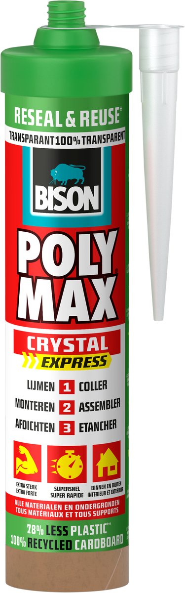 Bison poly max® crystal express koker transparant hersluitbaar - universele montage- en afdichtingskit - lijmen, monteren en afdichten
