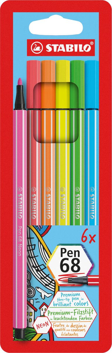 Stabilo pen 68 - premium viltstift - etui met 6 neon kleuren