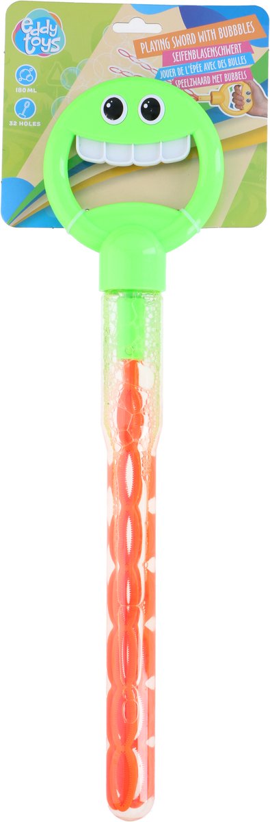 Eddy toys bubble stick smiley bellenblaas - inhoud 280 ml - 32 gaten voor extra bellen - kunststof - ideaal voor buitenspeelplezier - afmeting 44x11x4 cm - rood geel