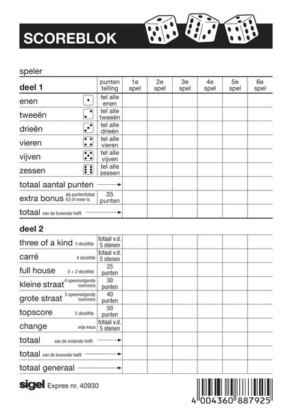 Expres Express Score Block Sigel pour Yahtzee