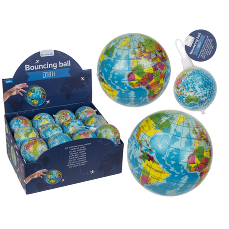 Dsp. zachte springbal, wereldbol, 7,5 cm | 24 stuks