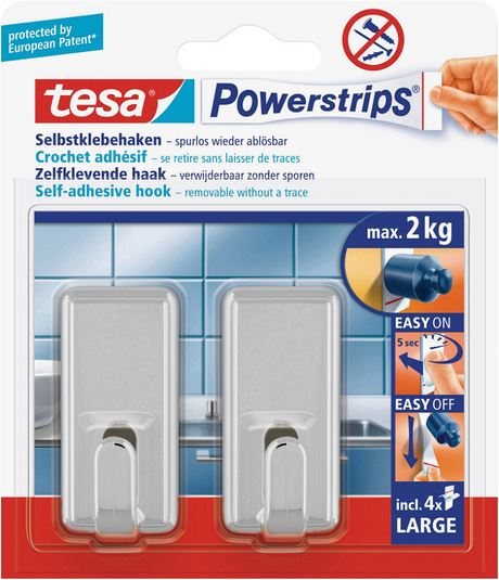 Tesa powerstrips plakhaak large classic 2kg - chroom 2 stuks