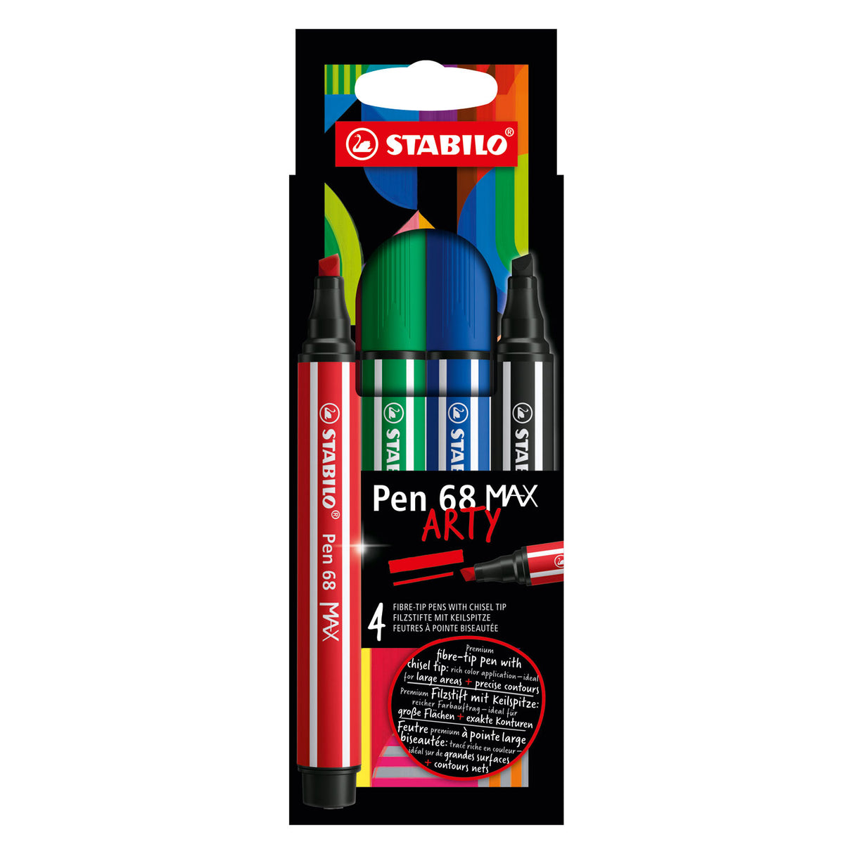 Stabilo Pen 68 Max Arty Felt -Tip Pen z grubym dłuto szczytem 4 kolorów