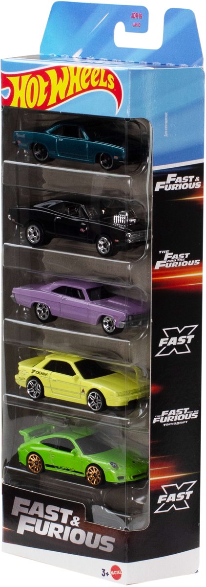 Hot wheels fast furious, set van 5 metalen speelgoedraceauto's, geïnspireerd op en gezien in de films, schaal 1:64