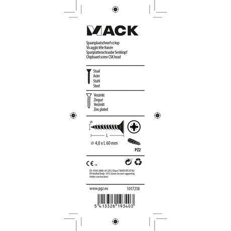 Mack 1017238 - spaanplaatschroef vz kop geelverz.12 st 4,0 x 60 mm | 10 stuks