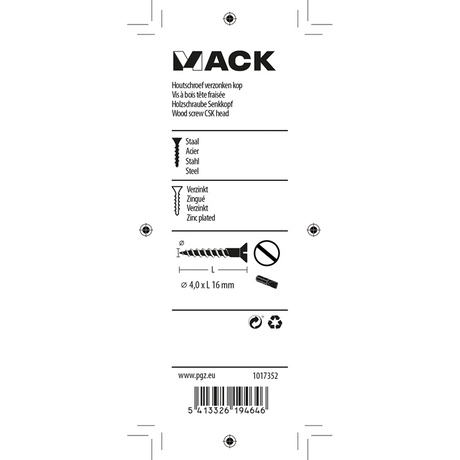 Mack 1017352 - houtschroef verzonken kop verz24 st 4,0 x 16 mm | 10 stuks