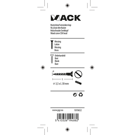 Mack 1019652 - houtschroef verzonken kop messing 9 st 3,5 x 30 mm | 10 stuks