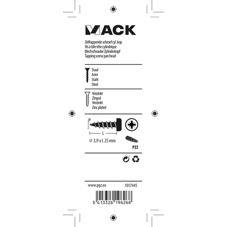 Mack 1017445 - zelftappende schroef cyl kop verz. 18st 3,9 x 25 mm | 10 stuks