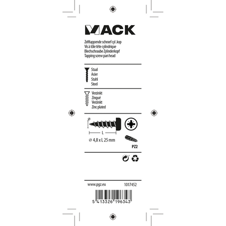Mack 1017452 - zelftappende schroef cyl kop verz. 12st 4,8 x 25 mm | 10 stuks