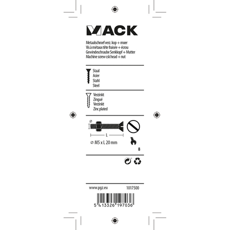 Mack 1017500 - metaalschroef verz. kop + moer verz. 15st m5 x 20 mm | 10 stuks