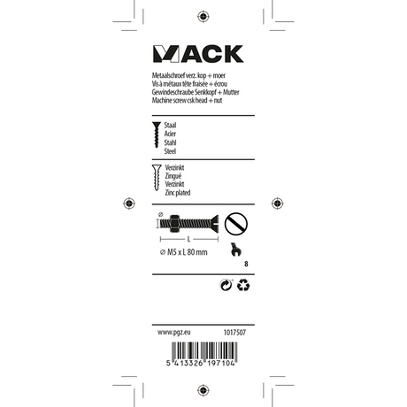 Mack 1017507 - metaalschroef verz. kop + moer verz. 5 st m5 x 80 mm | 10 stuks