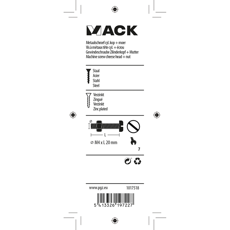 Mack 1017518 - metaalschroef cyl. kop + moer verz. 18 st m4 x 20 mm | 10 stuks