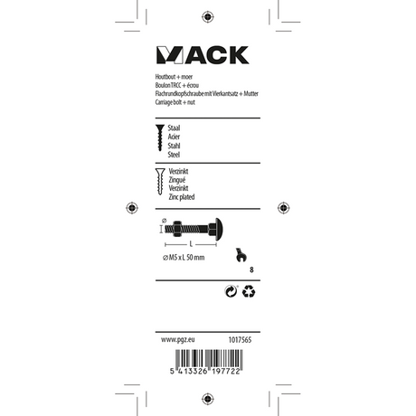 Mack 1017565 - houtbout + moer staal verzinkt8 st m5 x 50 mm | 5 stuks