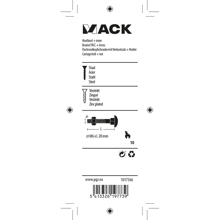 Mack 1017566 - houtbout + moer staal verzinkt10 st m6 x 20 mm | 5 stuks