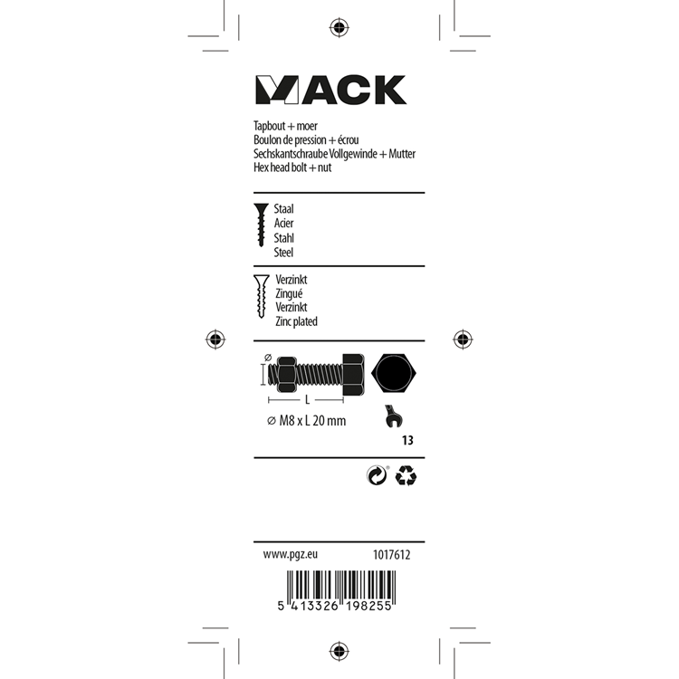 Mack 1017612 - tapbout + moer staal verzinkt 7 st m8 x 20 mm | 10 stuks