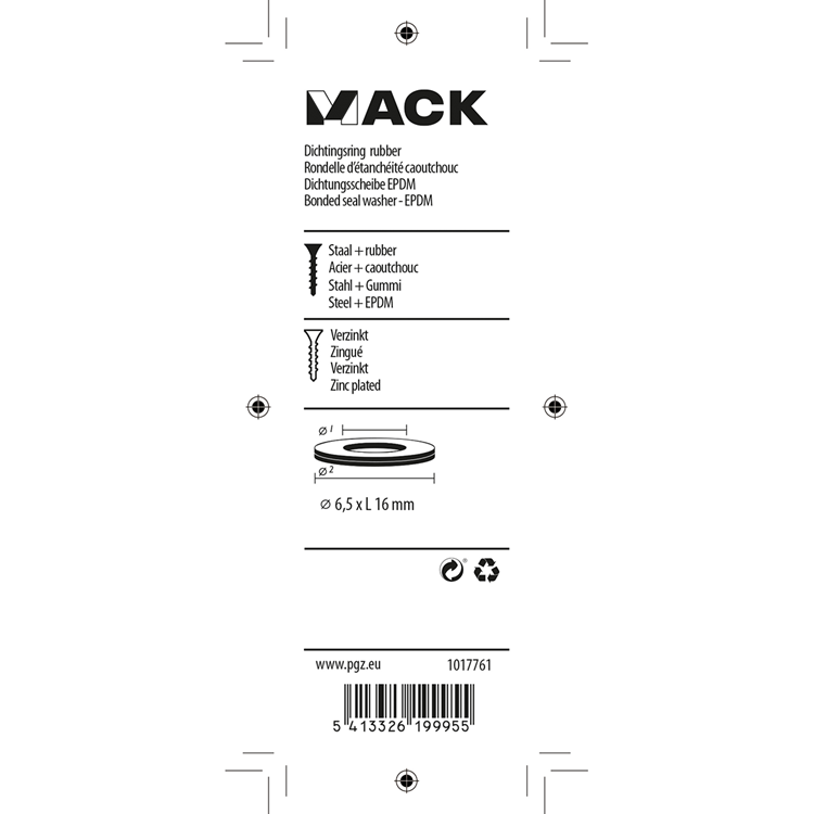Mack 1017761 - dichtingsring rubber verzinkt 15 st 6,5 x 16 mm | 10 stuks
