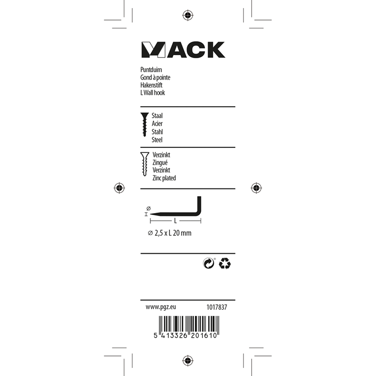 Mack 1017837 - puntduim staal verzinkt 22 st 2,5 x 20 mm | 10 stuks