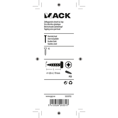 Mack 1019793 - zelftappende schroef cyl.kop a2 9 st 4,8 x 19 mm | 10 stuks