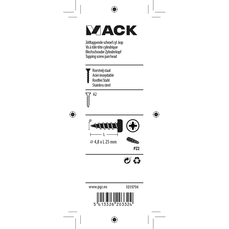 Mack 1019794 - zelftappende schroef cyl.kop a2 8 st 4,8 x 25 mm | 10 stuks