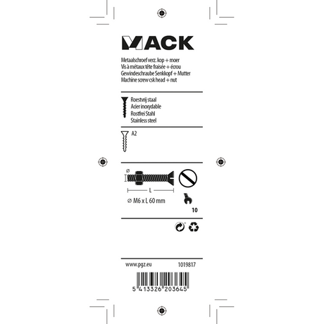 Mack 1019817 - metaalschroef verz. kop + moer rvs 2 st m6x60 | 10 stuks