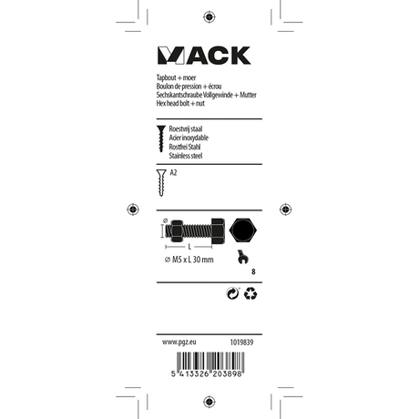 Mack 1019839 - tapbout + moer roestvrijstaal 5 st m5x30 | 10 stuks