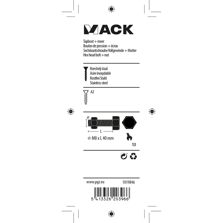Mack 1019846 - tapbout + moer roestvrijstaal 2 st m8x40 | 10 stuks