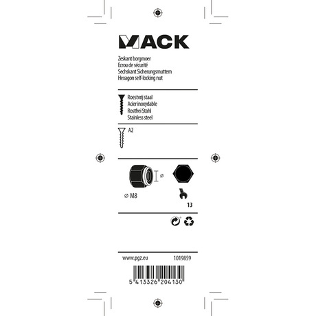 Mack 1019859 - zeskant borgmoer inox a2 4 st m 8 | 10 stuks