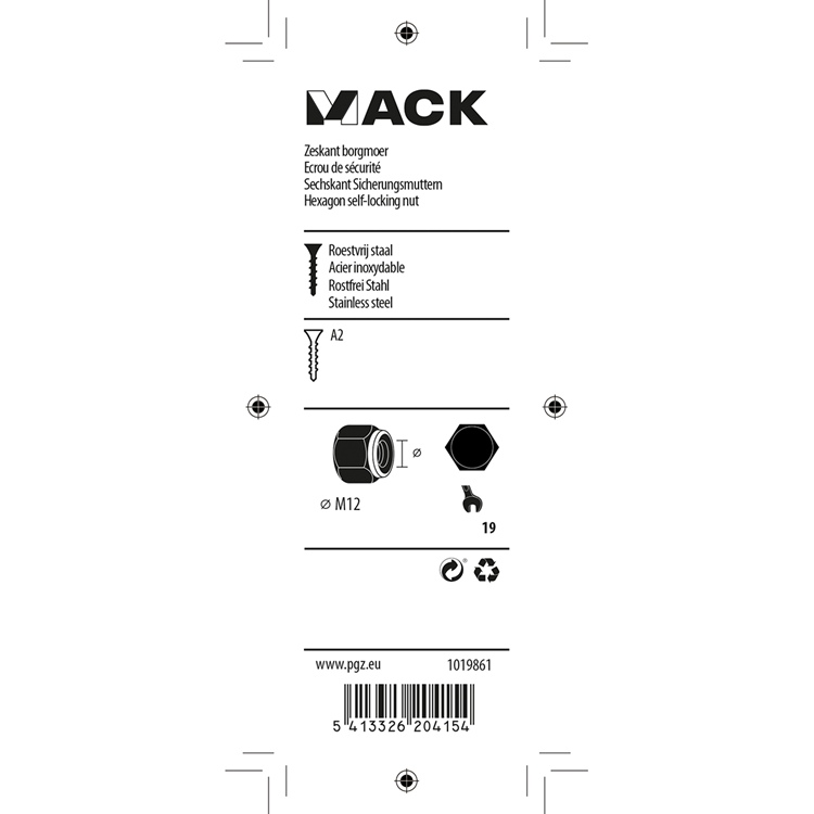 Mack 1019861 - zeskant borgmoer inox a2 2 st m 12 | 10 stuks