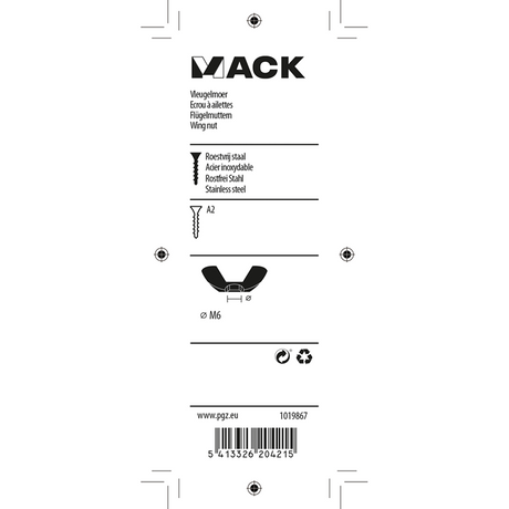 Mack 1019867 - vleugelmoer inox a2 3 st m6 | 10 stuks