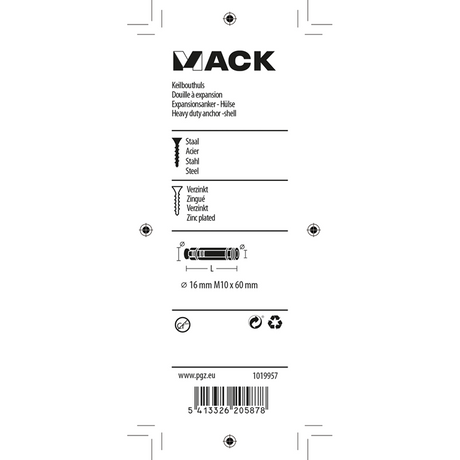 Mack 1019957 - keilbouthuls verzinkt 2 st m10 x 60 mm | 5 stuks