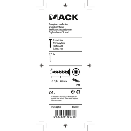 Mack 1020004 - spaanplaatschroef vz kop rvs 16 st 6,0 x 60 mm | 5 stuks