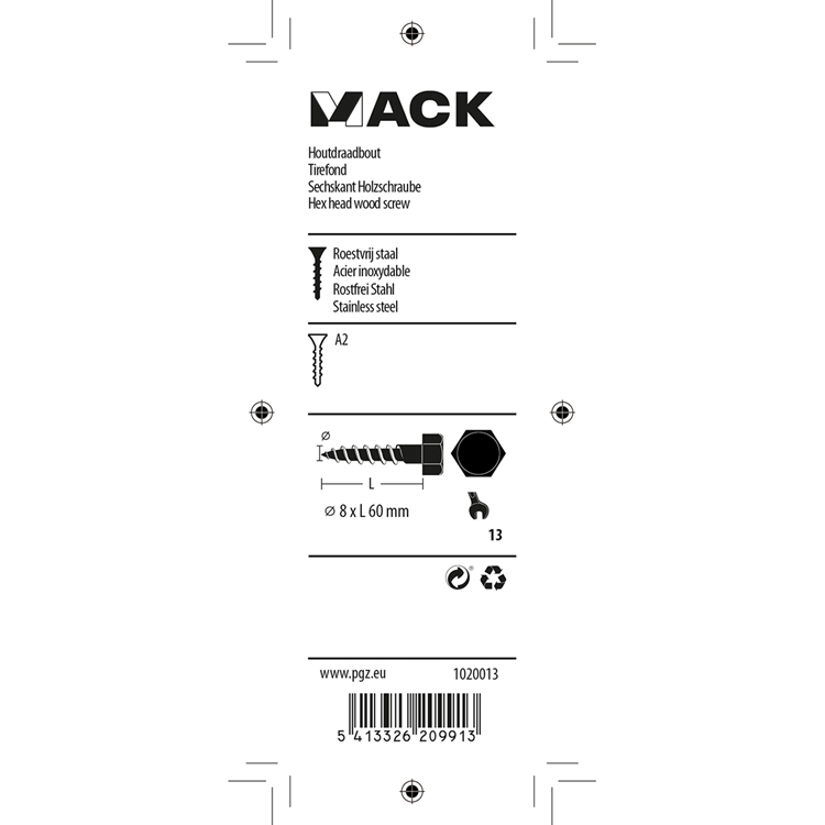 Mack 1020013 - houtdraadbout roestvrijstaal 7 st 8 x 60 mm | 5 stuks