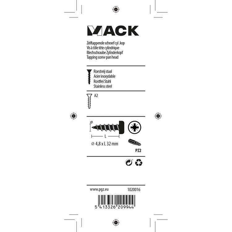 Mack 1020016 - zelftappende schroef cyl.kop a2 20 st 4,8 x 32 mm | 5 stuks