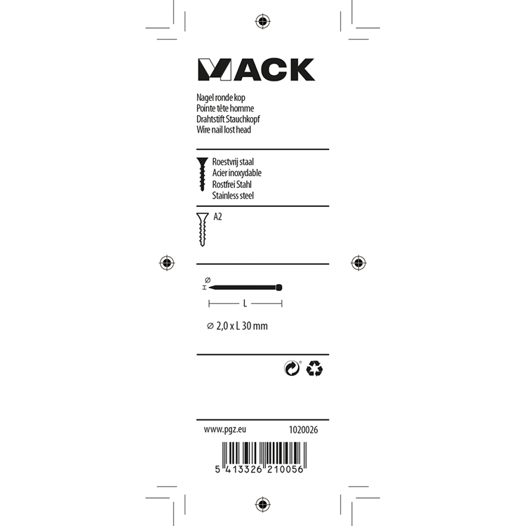 Mack 1020026 - nagel ronde kop inox a2 70 st 2,0 x 30 mm | 5 stuks