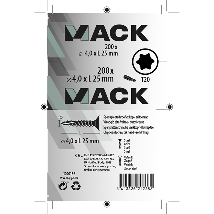 Mack 1020136 - spaanplaatschroef vz kp-zelfb.gvz 200st 4,0 x 25 mm | 5 stuks