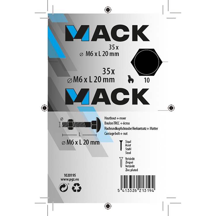 Mack 1020195 - houtbout + moer verzinkt 35 stm6 x 20 mm | 5 stuks