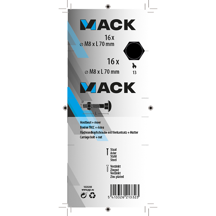 Mack 1020208 - houtbout + moer verzinkt 16 stm8 x 70 mm | 5 stuks
