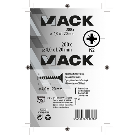 Mack 1020231 - spaanplaatschroef vz kop inox a2 200 st 4,0 x 20 mm | 2 stuks