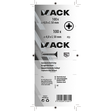 Mack 1020237 - spaanplaatschroef vz kop inox a2 100 st 4,0 x 50 mm | 2 stuks