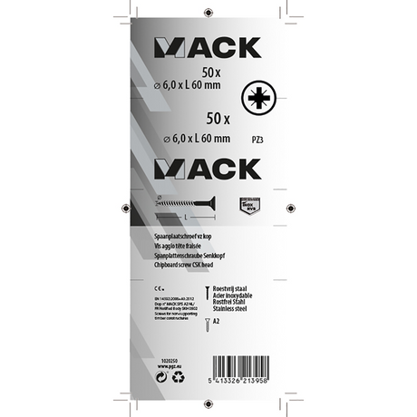 Mack 1020250 - spaanplaatschroef vz kop inox a2 50 st 6,0 x 60 mm | 2 stuks
