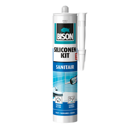 Bison siliconenkit wit koker 300 ml - waterbestendige kit, sanitaire afdichting, ongevoelig voor schimmel, kleurvast, blijvend elastisch, makkelijk te verwerken