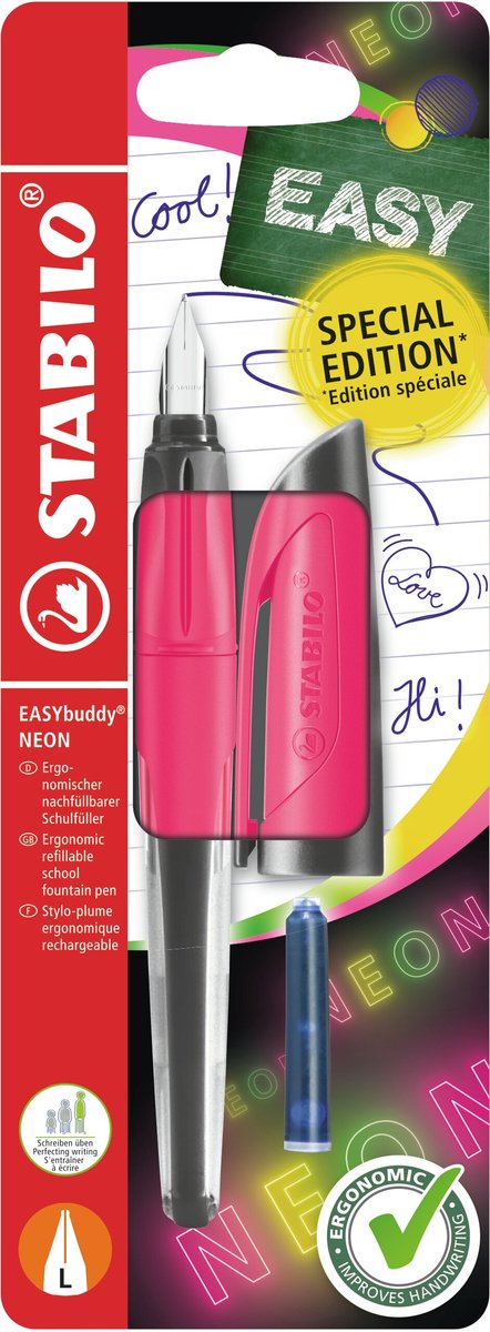 Stabilo easybuddy neon - ergonomische vulpen - roze - l punt voor linkshandigen