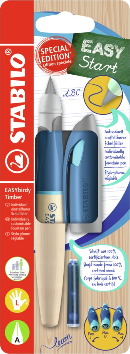 Stabilo easybirdy timber - ergonomische vulpen - blauw - a punt voor linkshandigen
